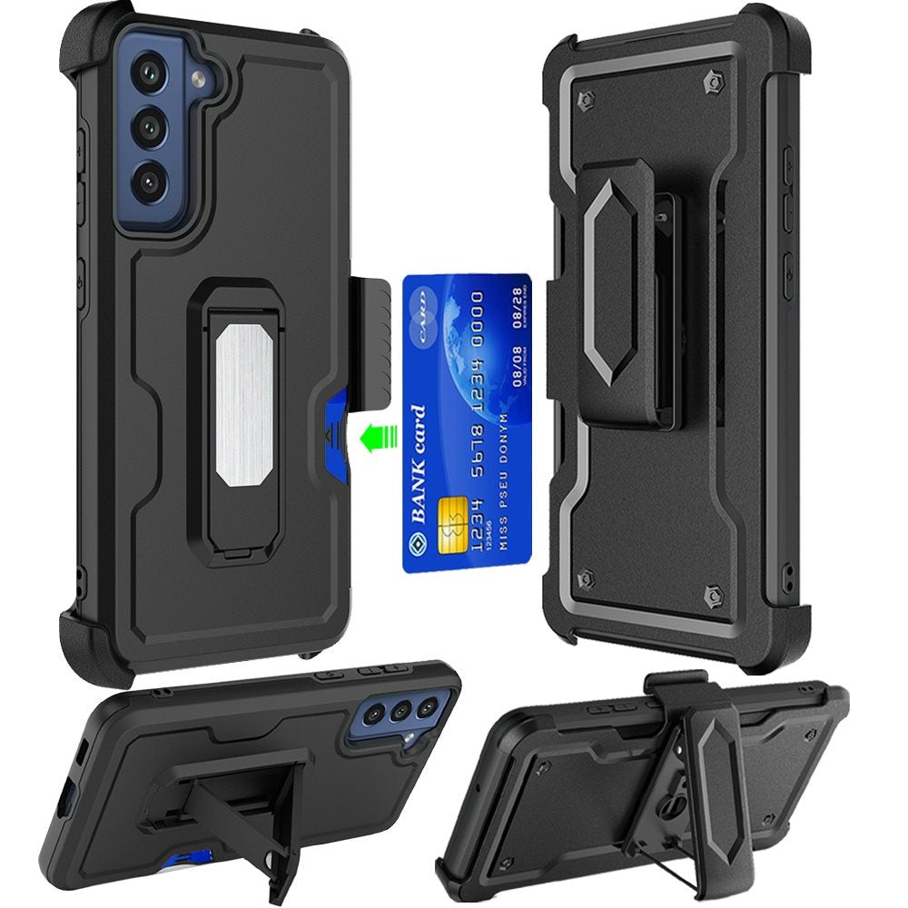 HRWireless, For Samsung Galaxy S21 FE CARD Holster with Kickstand Clip Hybrid Case Cover