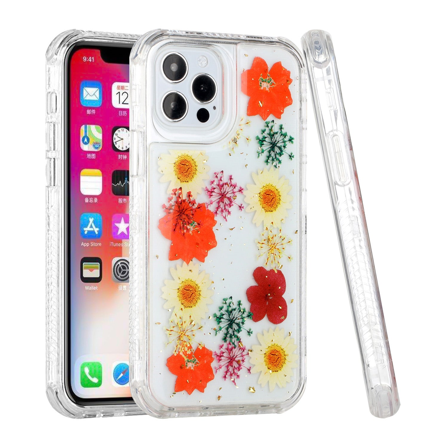 HRWireless, For iPhone 12/Pro (6.1 Only) Beautiful 3in1 Floral Epoxy Design Hybrid Case Cover