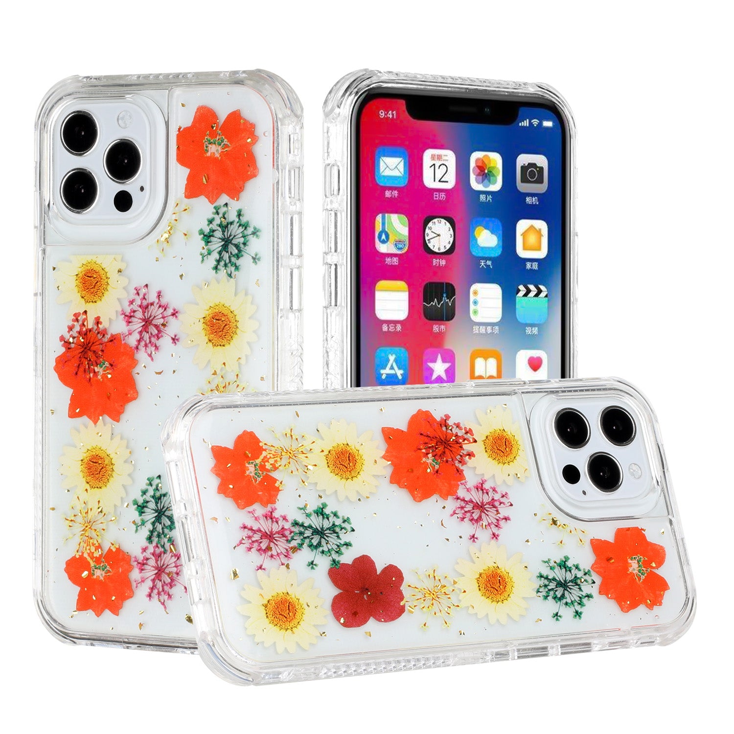 HRWireless, For iPhone 12/Pro (6.1 Only) Beautiful 3in1 Floral Epoxy Design Hybrid Case Cover