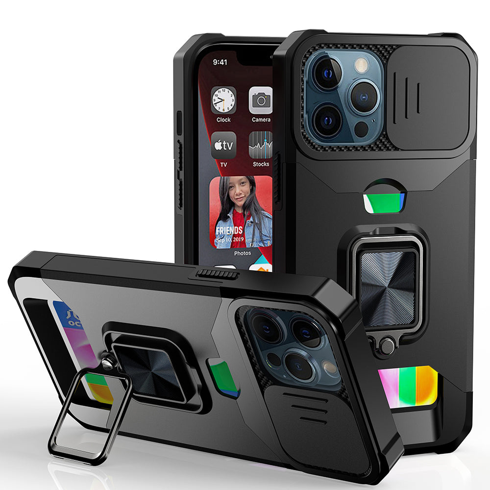 HRWireless, For iPhone 13 6.1 Multi-Functional Card Magnetic Ring Stand Hybrid Camera Case Cover